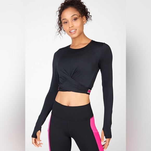 Fabletics Eco-Conscious Front Twist Long Sleeve Cropped Black Top, Size Medium - Picture 1 of 14